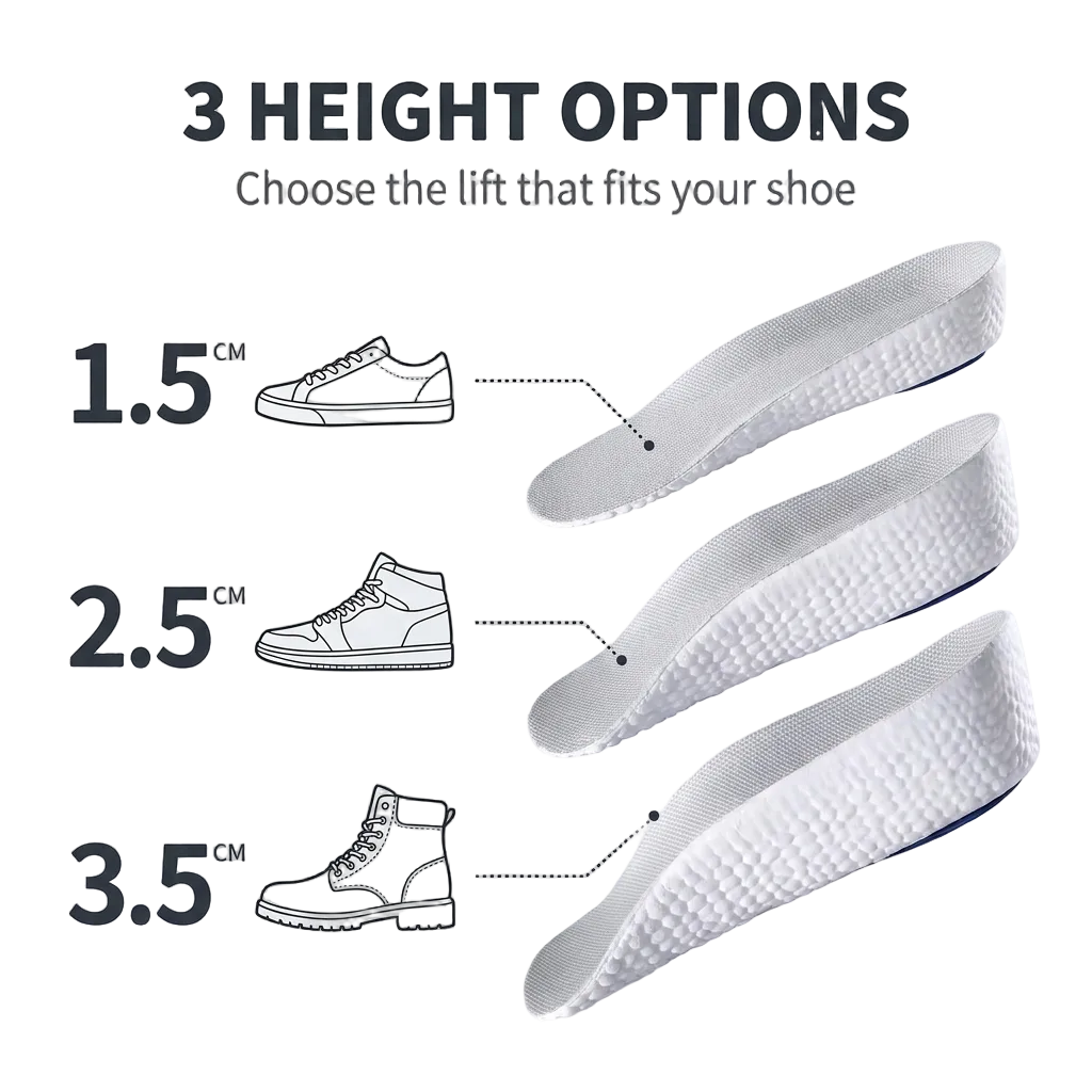 Three height options — 1.5 cm for low-tops, 2.5 cm for mid-tops, 3.5 cm for boots and high-tops