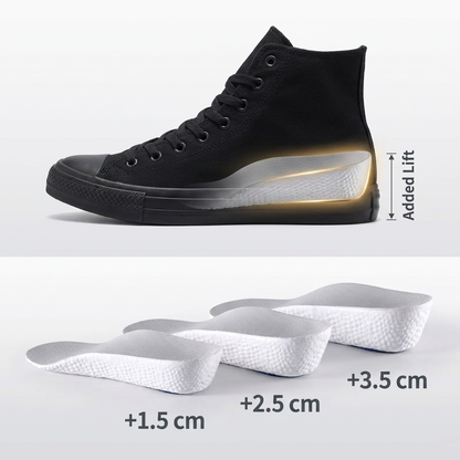 Cutaway view showing the Zavvox Lift Insert seated in the heel of a shoe, with the three heights compared